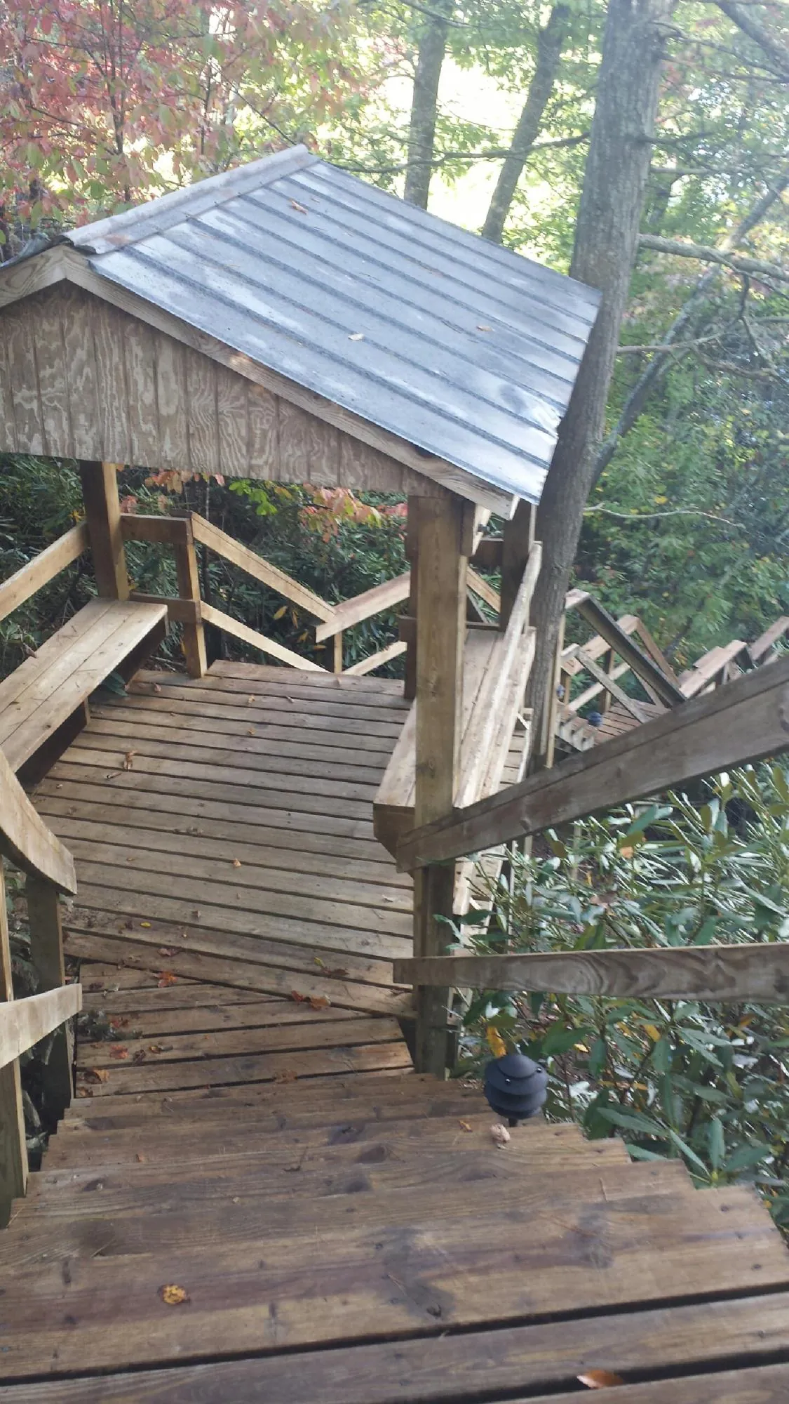 Metal roofed shelter over wooden steps on a wooded walkway — Skylight Repair & Installation work by our crew in Fisher